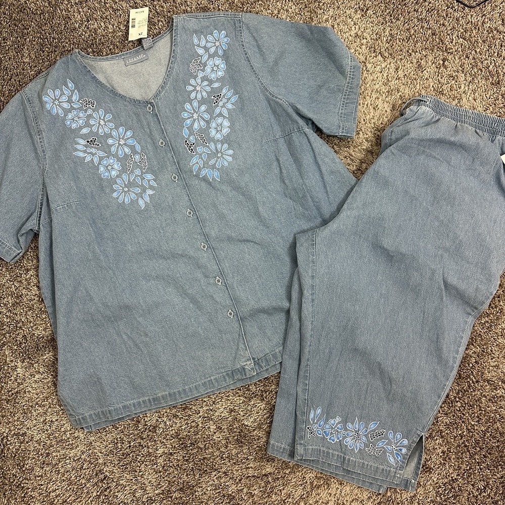 Liz & Me Denim Floral Blue Embroidered Top & Cropped Pant Set SZ 2X Boho Relaxed